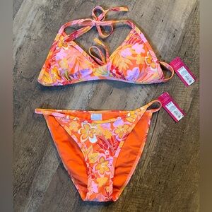 NWT Tropical Floral Bikini Set Pink Orange Medium